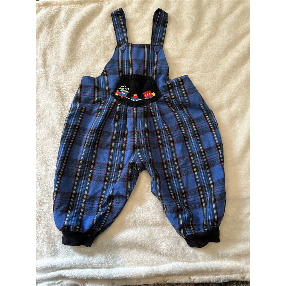 Vintage 12 Months Plaid Balloon Pants Train Blue Overalls